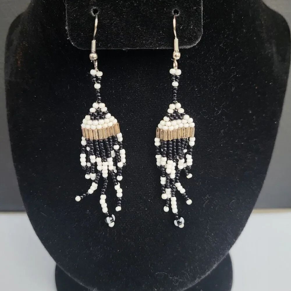 Black & White Beaded Fringe Festival Party Earrings 3.5"